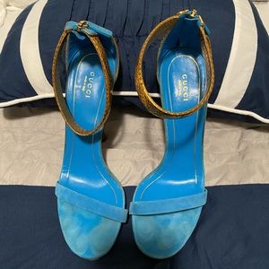 Gucci Azure Suede and Gold Python Kelis Sandals